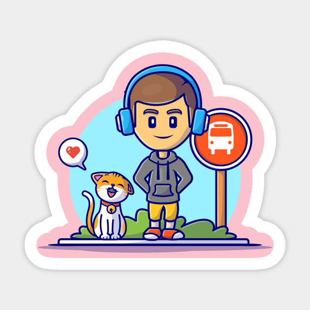 Cute Male With Cat Waiting Bus Cartoon Vector Icon Illustration Sticker by Catalyst Labs